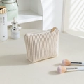 Borsa cosmetica beige in velluto a coste con cerniera dorata per trucchi portatili - Astuccio Triangolare - Strisce Cachi