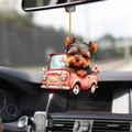 Acrylic Yorkshire dog in pink vintage car car pendant hanging from rearview mirror - 25-Yorkie in Pink Car
