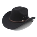 Classic black wool felt western cowboy hat with brown braided band and metal buckle - M (56-58cm) / Black