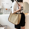 Summer woven straw tote bag with brown leather handles and large capacity design - Brown
