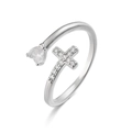 Minimalist silver open ring with zircon heart and sparkling cross on white background - Silver White Heart Cross