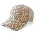 Modieuze dames baseballpet met champagne pailletten en ademende mesh achterkant - Eén maat / Goud