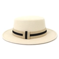 Classic cream wool felt boater hat with a striped ribbon band on a clean white background - One Size 58cm Circumference / Off White