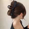 Elegant large black satin double bow hair claw clip for women Hepburn style hairstyle - Black Bow (Glossy Clip 11cm)