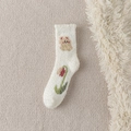 Thick coral fleece crew socks in white with brown bear and tulip pattern for home - Bear on Flower
