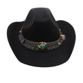 Classic black cowboy hat with bohemian turquoise bead band and tassels for men and women - Ethnic Style Decor / Black