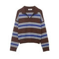 Women's knit polo shirt with brown, grey and royal blue stripes in a soft blend - S / Brown and Blue