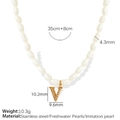Freshwater pearl necklace with gold stainless steel letter V pendant and toggle clasp - Letter V Gold Tone Artificial Pearl Necklace (XL185)