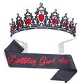 Birthday Queen set featuring a black tiara with red crystals and Birthday Girl sash - Black Red Classic (Girl)(5)