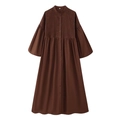 Dunkelbraunes Langarmkleid mit Puffärmeln, Knopfleiste und plissiertem Brustdetail - S / Kaffeebraun