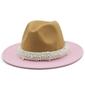 Women's felt jazz fedora hat in khaki and pink with elegant pearl bead ribbon - M (56-58cm) / Khaki & Pink - Pearl Style