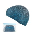 Elastic adult swim cap featuring black and royal blue leaf pattern with packaging - Gradient Leaves with PE Bag