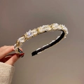 Elegant gold and white tweed headband with shimmering rhinestones for women - White Fabric Rhinestone Style