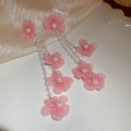 Pink floral tassel earrings with sheer fabric petals and small white pearls - 201# Silver Pin - Pink