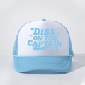 Cappello trucker blu e bianco con scritta DIBS ON THE CAPTAIN e pannello frontale - Taglia unica / Bianco/Celeste