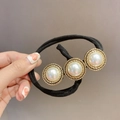 Elegant hair tie with three large faux pearls set on golden spiral textured bases - Gold Ring Pearl Style