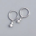 S925 silver hoop earrings featuring minimalist square pendants with clear crystals - Hoop Style / White Gold