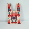 Atlas patterned knit tote bag with bohemian red and blue ethnic flame embroidery - Red Beige