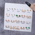 20 pairs of gold-tone geometric stud earrings with pearls and crystals on a white card - E1101-1 (Gold 20 Pairs Set)