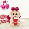 Labubu plush in white fuzzy coat with red bow holding a mini soda can accessory - Medium Size With A Rose Red Bow / First And Second Generation Keychains Are Compatible With La Cloth Dolls. Dolls Not Included.