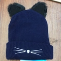 Navy blue knit cat ear beanie with white whisker embroidery and black fur ears - Navy Blue