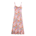 Elegantes lila Blumenkleid mit Wasserfallausschnitt und orangefarbenem Rosenmuster - XS / Hellviolett