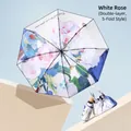 Mini five-fold UV sun umbrella with white rose print and matching storage pouch - White Rose (Double Layer 5-Fold)