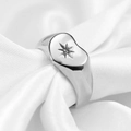 Polished silver stainless steel heart signet ring with a star engraved on white silk - US 7 / Steel