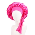 Detail of fuchsia satin sleep bonnet with elastic wide band and decorative side bow tie - Rose Red