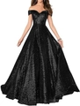 Detailed close-up of elegant black sequin off-the-shoulder A-line formal evening gown - US size 2 / Black