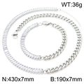 Silver steel Cuban chain necklace and bracelet set with rectangular gems, WT:36g - Bracelet / Style A Steel Color