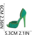 Detailed dimensions of green high heel embroidered patch with metric and imperial units - Green High Heel
