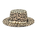 Elegant leopard print wool felt flat top hat for women decorated with pearl ribbon - M (56-58cm) / White