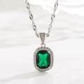 Elegant silver necklace featuring a cushion-cut green stone pendant with halo diamond accents - Square Green Zircon Necklace Xl-98 [with Water Ripple Chain]