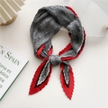 Pleated square silk scarf featuring red and black houndstooth pattern and geometric print - Red Edge Pleated Small Houndstooth
