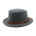 Detail of dark grey wool felt pork pie hat with brown suede band and golden buckle - M(56-58cm) / Gray