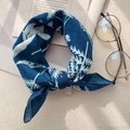 Dark blue cotton linen square scarf with white leaf patterns in a stylish tied knot - XY-7 Deep Blue White Leaf Branch