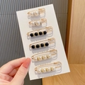 Set of 6 pearl and rhinestone safety pins in black and white with golden finish - Elegant Six Piece Set