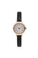 Close-up of elegant women's quartz watch with roman numeral dial and black leather strap - Black