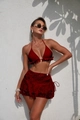 Detailed view of dark red ruffled bikini with floral print mesh skirt for vacation - Burgundy