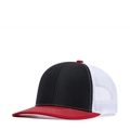 Three-color mesh trucker hat in black, red, and white with a curved brim and snapback - Adjustable / Black + White Mesh + Red