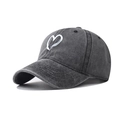 Vintage washed charcoal cotton baseball cap with white embroidered heart on front - Adjustable / Black