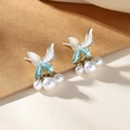 Elegant butterfly earrings with blue gradient enamel wings and dangling white pearls - Blue Gradient Butterfly Pearl Style (E3091-4)