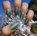 Uñas postizas stiletto largas verde holográfico con purpurina para Navidad y moda - Estilo de Pegamento de Gelatina con Purpurina Verde Degradado (Y-244)
