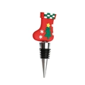 Detail of a red Christmas stocking wine stopper with a metal cone and rubber seal - Christmas Stocking