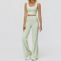 Light green high waist flared yoga set with white contrast trim for athletic wear - S / Top And Bottom (Tank Top + Flared Pants) / Mint Green