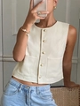 Elegant cream sleeveless vest with gold buttons and linen texture for summer fashion - S / Apricot