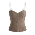 Schickes braunes Korsett-Top mit weißem Spitzenbesatz und schmalen Trägern im Retro-Look - S / Khaki