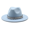Light blue wool fedora hat with wide flat brim and stylish snakeskin patterned band - Sky Blue