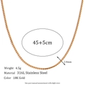 Detailed specs of 316L stainless steel 2mm wheat chain necklace with 18K gold plating - 1.8mm S Chain-Gold Necklace-45cm+5cm
